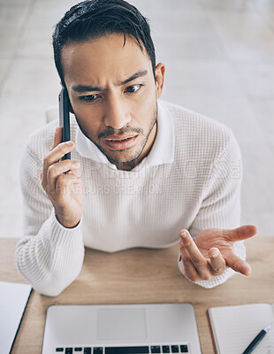 Buy stock photo Closeup, man and confused phone call in office at finance, accounting or financial company. Zoom, businessman and smartphone conversation in corporate, small business and question in customer service