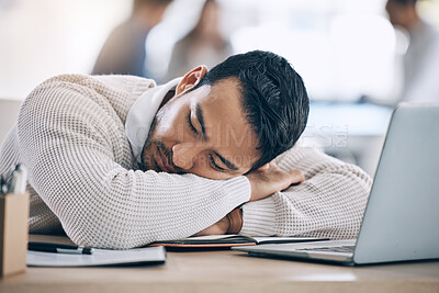 Buy stock photo Tired, burnout and businessman sleeping on desk in corporate office after working on laptop. Stress, headache and male worker asleep with head on table with notebook and computer, exhausted from job