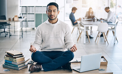 Buy stock photo Meditation, relax or businessman with laptop, books or zen peace in office desk for work mindset, wellness or mental health. Corporate, employee or Asian man relaxing, meditating or lotus pose