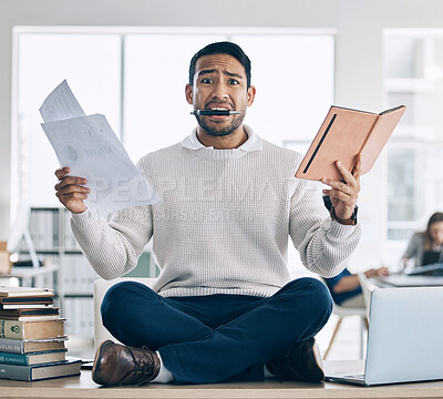 Buy stock photo Businessman, tablet and paperwork with stress and anxiety in the workplace. Overwhelmed at work, overworked and multitasking issue, technology and charts with graphs, worker burnout portrait.