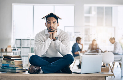 Buy stock photo Business man, books and learning with a frustrated, sad and tired entrepreneur on desk for burnout, stress and anxiety. Portrait of a bored law student and employee in office to study, learn and work
