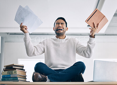 Buy stock photo Stress, burnout and businessman in office crying, suffering from mental health breakdown and overwork. Anxiety, frustrated and male employee with depression, tired and overwhelmed with multitasking.