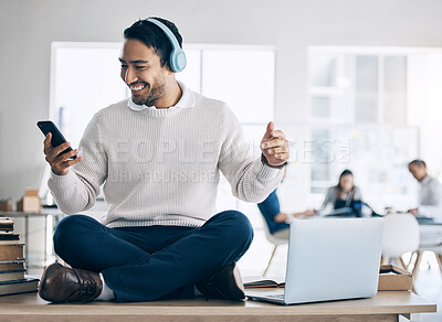 Buy stock photo Asian businessman, headphones or phone music in digital marketing, advertising or creative design office. Smile, happy or cross legged entrepreneur listening to fun or motivation mobile radio podcast