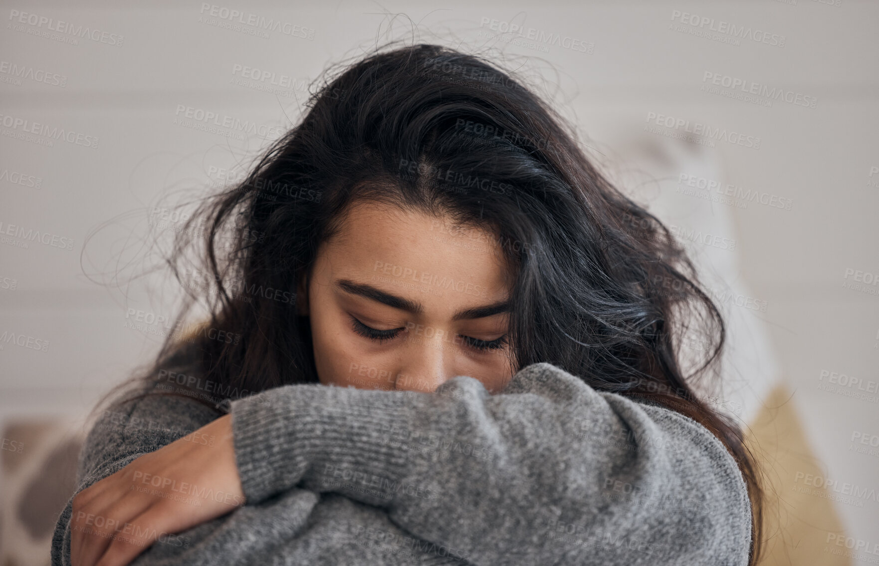 Buy stock photo Woman, stress and depression in lonely mental health problems, issues or anxiety at home. Sad female face suffering from loneliness, withdrawal or abuse with depressed emotion alone in the bedroom