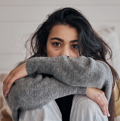 Buy stock photo Face portrait, sad and woman with depression in home feeling lonely and unhappy. Anxiety, mental health and female in house alone depressed, suffering from bad relationship or loss, grief or break up