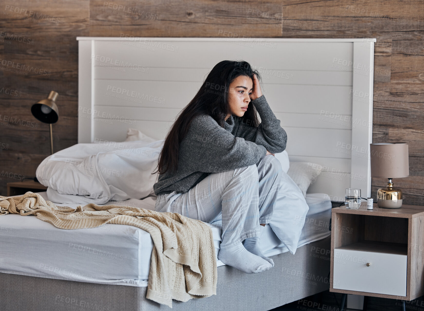 Buy stock photo Insomnia, depression and woman in bedroom wake up or thinking of mental health problem, anxiety and morning fatigue. Depressed, stress and tired girl on her bed with psychology risk, sad or trauma