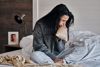 Buy stock photo Woman, anxiety and paper bag stress breathing on bed in house or home bedroom in divorce crisis, marriage fail or widow grief. Mental health, panic attack and depression loss person in control breath