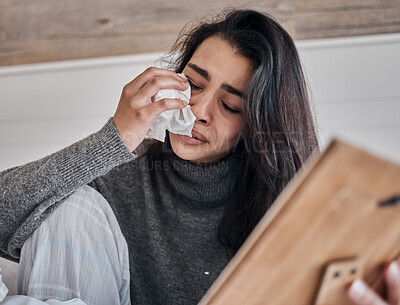 Buy stock photo Crying, frame and woman with tissue, sad and upset for loss for difficult day. Mental health, young female or girl with tears for depression and grief for death, frustrated or problems after breakup