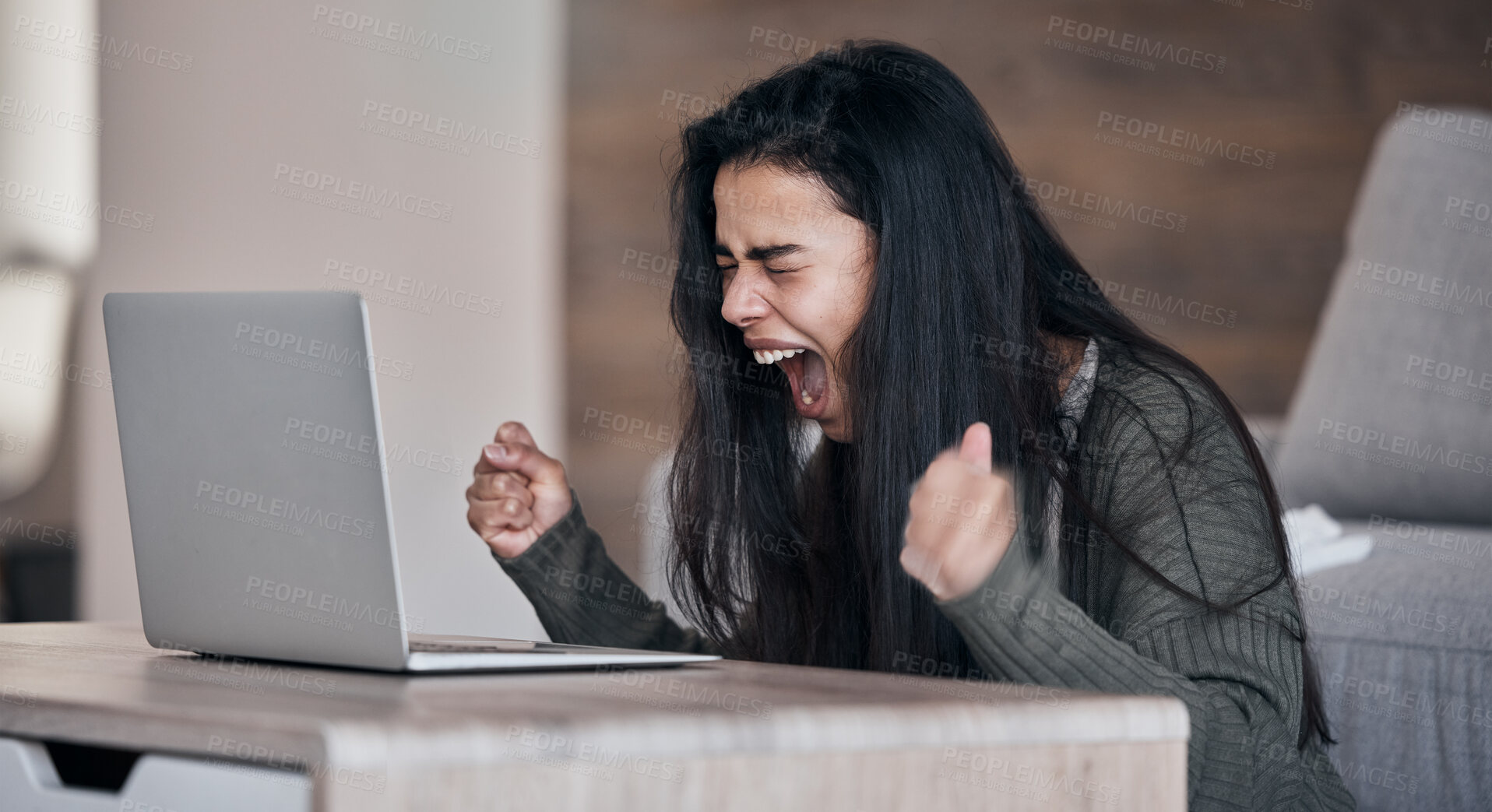 Buy stock photo Anger, woman and laptop being frustrated, upset and unhappy with results, browse online and search internet in living room. Female, girl or student with digital device, anxiety, scream and in lounge.