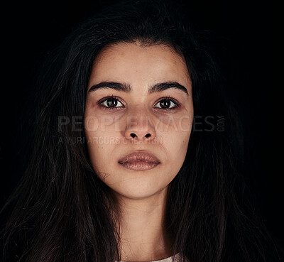 Buy stock photo Woman, face or mental health on black background in studio or depression, anxiety or psychology bipolar disorder. Zoom, headshot or portrait of stress, burnout or sick addict in rehabilitation center