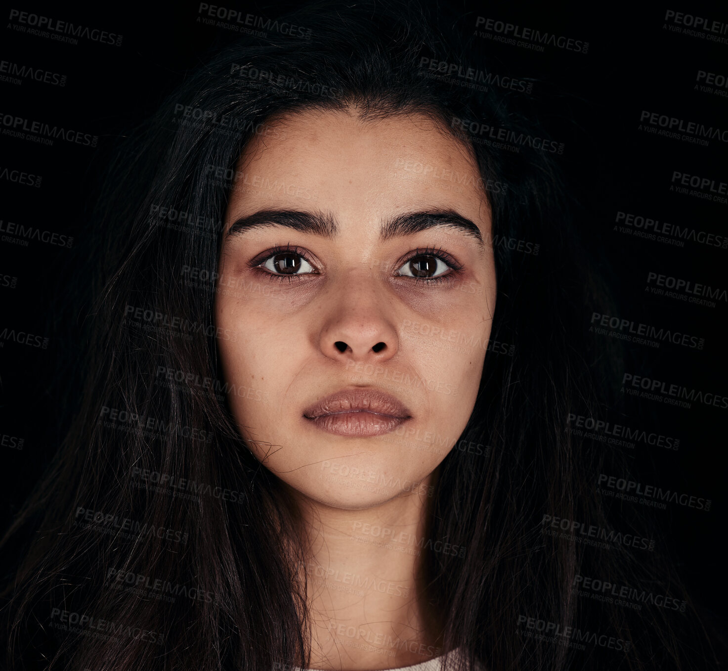 Buy stock photo Woman, face or mental health on black background in studio or depression, anxiety or psychology bipolar disorder. Zoom, headshot or portrait of stress, burnout or sick addict in rehabilitation center