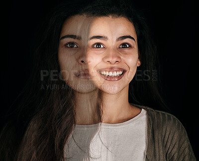 Buy stock photo Depression, mental health and woman with stress, anxiety and bipolar on black background with double exposure. Psychology, depressed and dark horror face of a crazy girl with a mind problem in studio