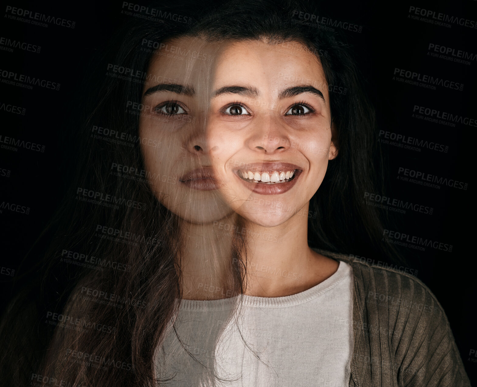 Buy stock photo Depression, mental health and woman with stress, anxiety and bipolar on black background with double exposure. Psychology, depressed and dark horror face of a crazy girl with a mind problem in studio