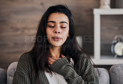 Buy stock photo Depression, sad and woman with eyes closed in home thinking of problems. Anxiety, mental health and unhappy, depressed and lonely female on sofa in living room trying to calm down and relax in house.