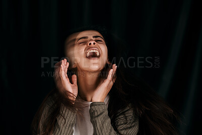 Buy stock photo Mental health, problem and woman in studio psychology, trauma and schizophrenia on black background mockup. Stress, anxiety and girl phobia, bipolar or mind disorder suffering identity conflict