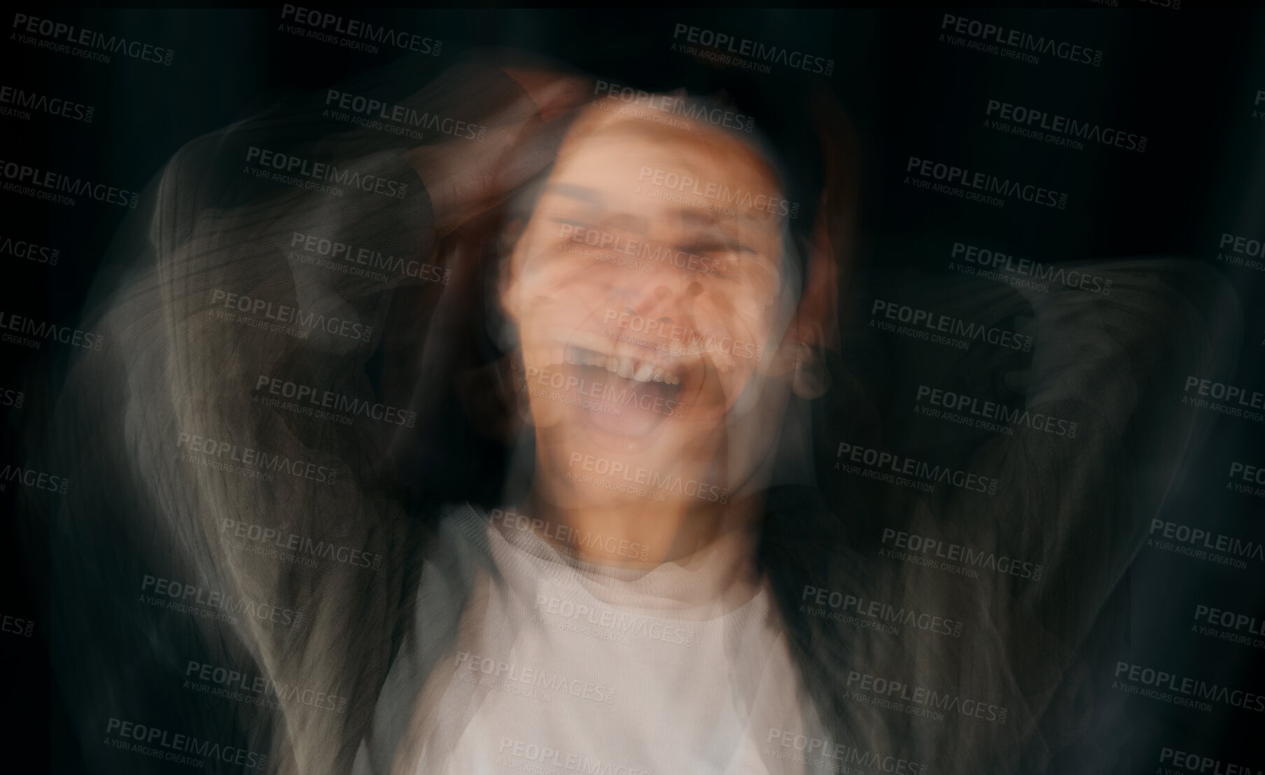 Buy stock photo Depression, bipolar and blur face of woman in studio on black background for mental health problems. Psychology, schizophrenia and depressed girl with anxiety, confusion and suffering identity crisis