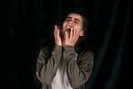 Woman, stress or screaming on black background in studio in mental health, anxiety or bipolar disorder rehabilitation. Anxiety, shouting or depression for burnout person on psychology mockup backdrop