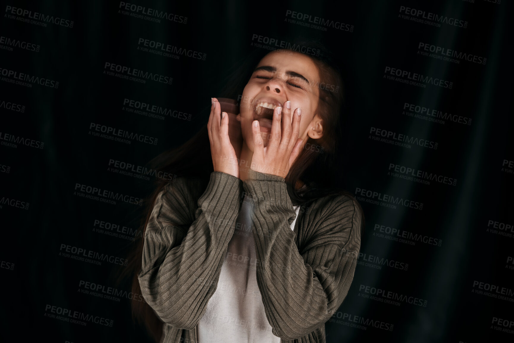 Buy stock photo Woman, stress or screaming on black background in studio in mental health, anxiety or bipolar disorder rehabilitation. Anxiety, shouting or depression for burnout person on psychology mockup backdrop