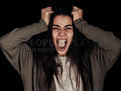 Buy stock photo Stress, anxiety and woman screaming with frustrated, depressed of mental health problem feeling. Portrait of a young female from Spain with anger and mad face pulling hair with schizophrenia
