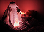 Ghost, sheet and red light in bedroom for scary story, horror and evil at night with human silhouette. Person in home bedroom for thriller, creepy and Halloween background with insomnia fear for dark