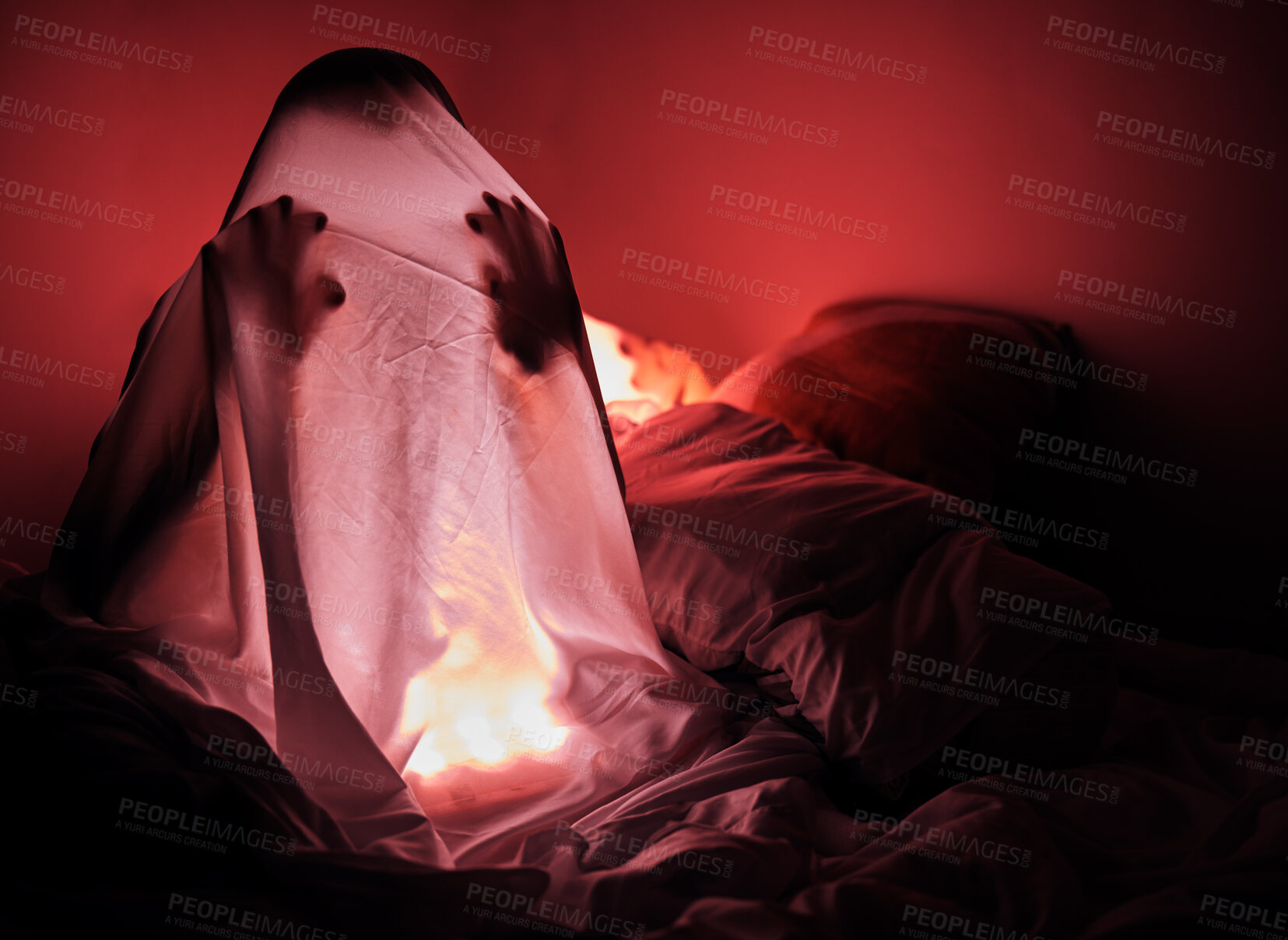 Buy stock photo Ghost, sheet and red light in bedroom for scary story, horror and evil at night with human silhouette. Person in home bedroom for thriller, creepy and Halloween background with insomnia fear for dark