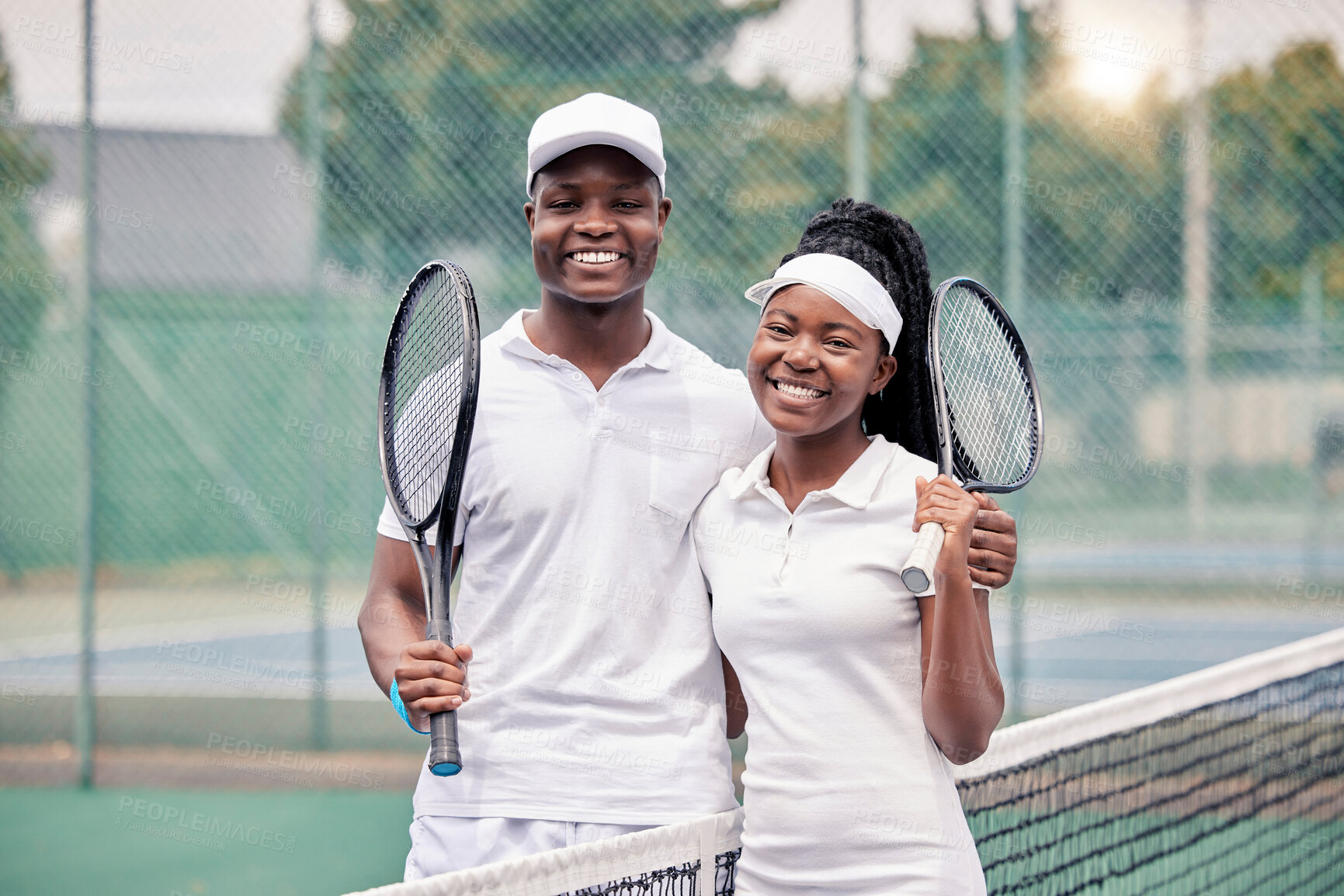 Buy stock photo Couple, tennis and sport portrait, training and exercise together outdoor, racket and net together with smile. Black man, woman and sports workout, tennis court and happy with health and wellness 