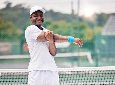 Buy stock photo Black man, on court and stretching before tennis game, smile and practice for wellness, health and happy outdoor. Portrait, African American male or prepare for match, fitness or training for workout