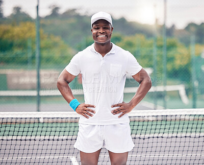 Buy stock photo Fitness, tennis and portrait of a black man on the court ready for outdoor training or a match. Sports, tournament and young African athlete standing on a tennis court for a game, workout or exercise