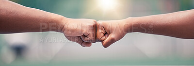 Buy stock photo Closeup, fist bump and sport for success, motivation or teamwork together with lens flare while outdoor. Tennis player, friends and hands touch for support, team building or sports at summer training