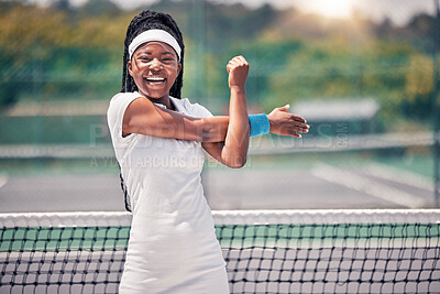 Buy stock photo Tennis, sports and stretching with a black woman portrait getting ready for a competition game on court outdoor. Fitness, health and warm up with a female tennis player or athlete training outside