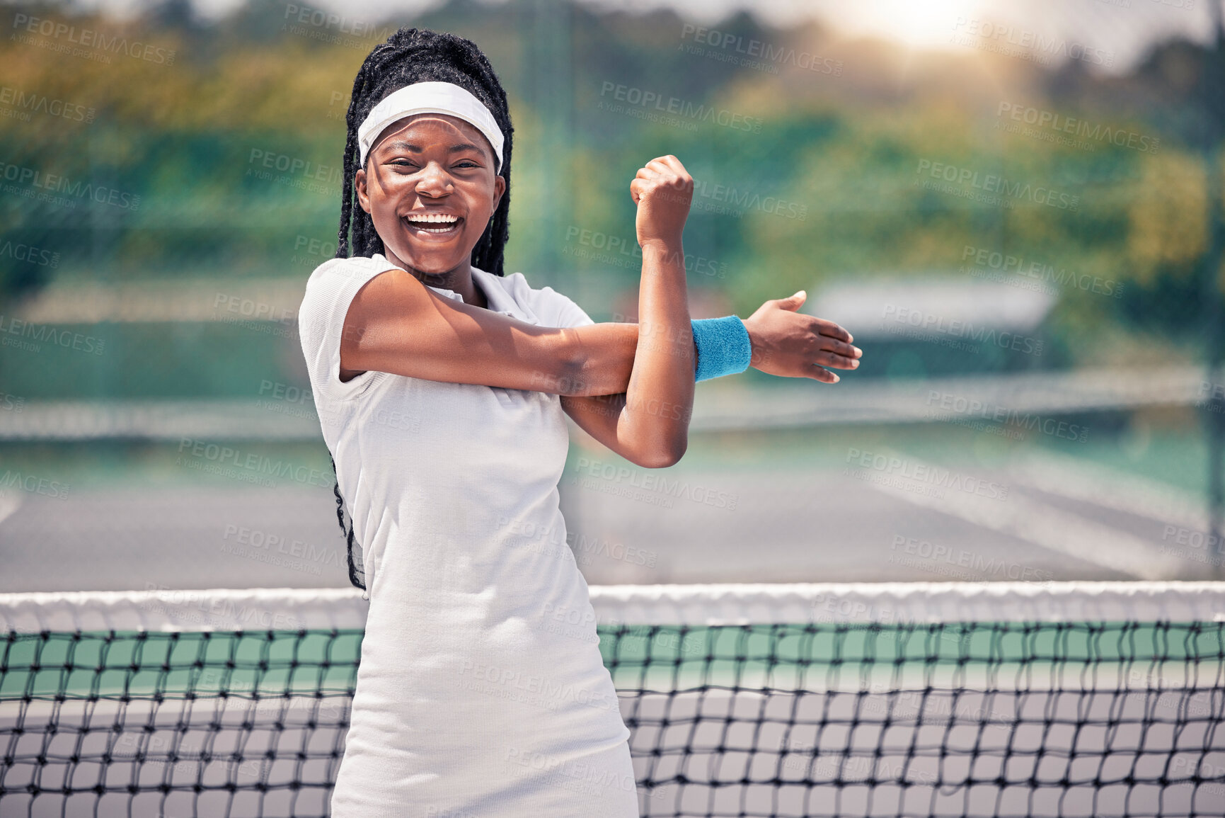 Buy stock photo Tennis, sports and stretching with a black woman portrait getting ready for a competition game on court outdoor. Fitness, health and warm up with a female tennis player or athlete training outside