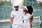 Sports, tennis and black couple hug on court smiling and happy after winning game, match and practice. Relationship, love and black man and woman playing sport for fitness, exercise and workout