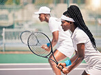 Tennis, team sport and black woman with partner on court for fitness, exercise and sport competition or game training for a club. Athlete girl and man outdoor for exercise, action and workout