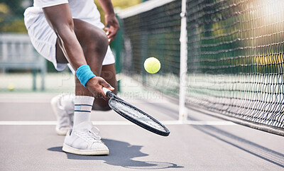 Buy stock photo Tennis, fitness and black man hands in an outdoor sports court game doing training and workout. Wellness exercise and cardio energy of an athlete on a tennis court in a professional competition