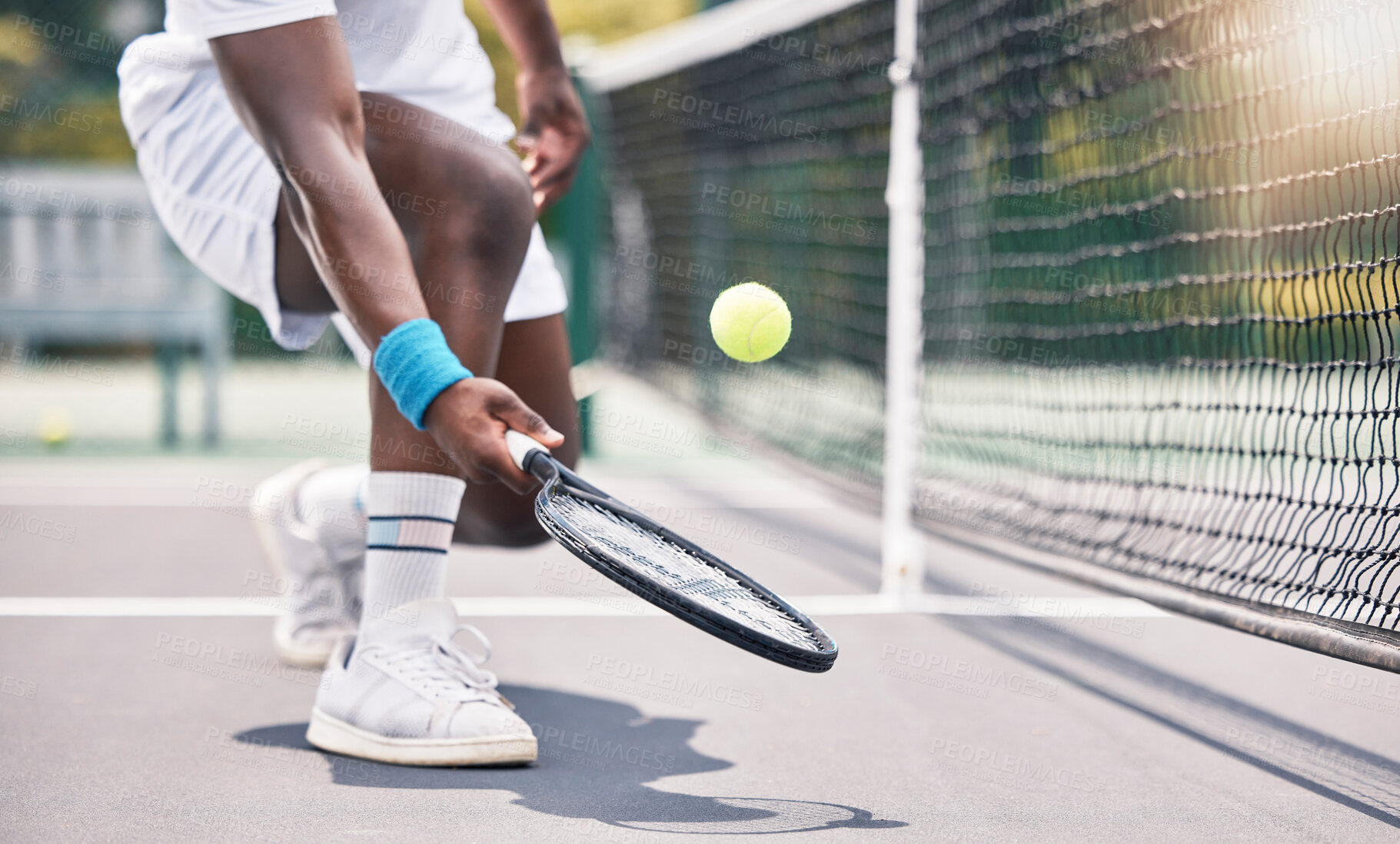 Buy stock photo Tennis, fitness and black man hands in an outdoor sports court game doing training and workout. Wellness exercise and cardio energy of an athlete on a tennis court in a professional competition