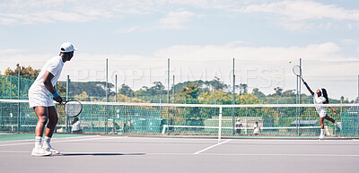 Buy stock photo  Fitness, tennis and people on tennis court, athlete playing game with focus and sport workout outdoor. Sports match, young man, woman and cardio while training and exercise together with teamwork
