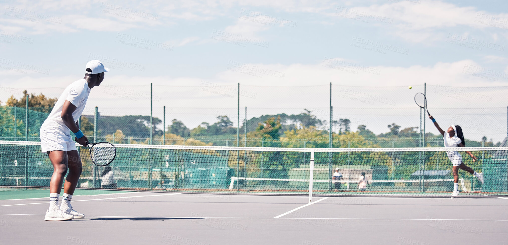 Buy stock photo  Fitness, tennis and people on tennis court, athlete playing game with focus and sport workout outdoor. Sports match, young man, woman and cardio while training and exercise together with teamwork
