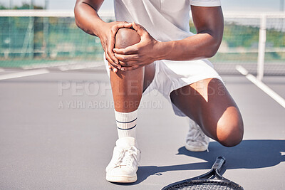 Buy stock photo Tennis, hands and knee in sports injury, accident or bruise holding painful area for medical emergency on the court. Hand of tennis player suffering from sore leg, fall or joint inflammation outside