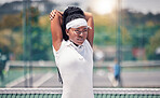 Fitness, tennis and stretching woman with focus, motivation and exercise wellness for sports competition, event or training. Black woman athlete in tennis court warm up workout for performance energy