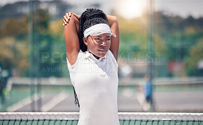 Buy stock photo Fitness, tennis and stretching woman with focus, motivation and exercise wellness for sports competition, event or training. Black woman athlete in tennis court warm up workout for performance energy