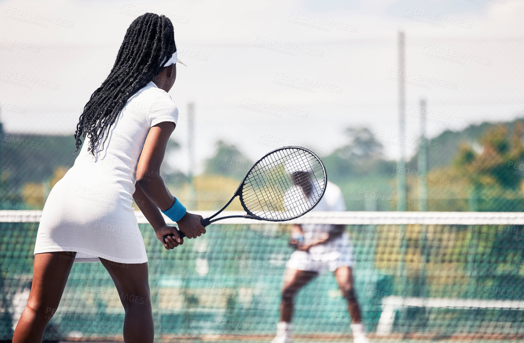 Buy stock photo Tennis, team game and african couple workout competition, sports exercise or outdoor wellness. Tennis court, athlete tennis player and african woman with racket for competition or teamwork fitness