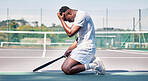 Tennis court, mistake and black man with depression, stress and mental health problem of anxiety after sports training, workout and exercise. Athlete model sad after loss, failure and burnout outdoor