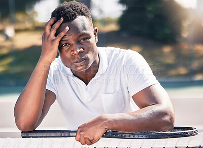 Buy stock photo Black man, tennis and stress, anxiety with fitness and outdoor on tennis court, holding head and frustrated, game fail or mistake in training. Exercise, wellness and sport portrait with angry athlete