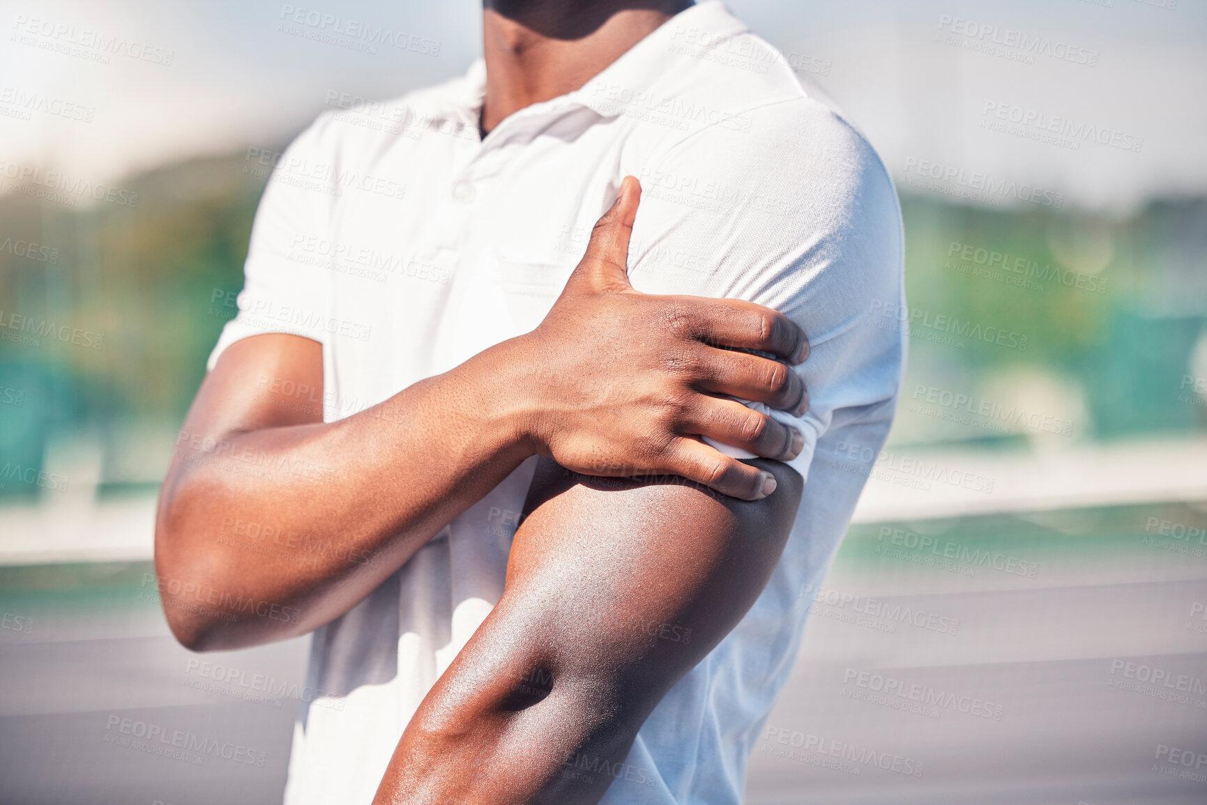 Buy stock photo Black man, hand and arm pain from healthcare accident or medical wellness emergency outdoor. African person, shoulder injury and broken bone, hurt muscle or arthritis during fitness workout on court