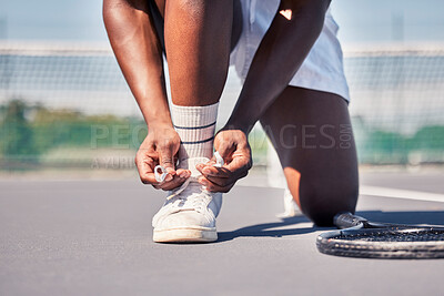 Buy stock photo Sports, tennis and man tie shoes before game start, competition or fitness exercise on outdoor tennis court. Wellness health, ground and legs of African player prepare for workout, training or cardio