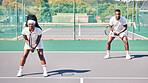 Tennis, sports and portrait of black couple on court for game, competition or match. Doubles partner, fitness and teamwork of tennis players, man and woman training for exercise outdoors on field.


