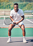 Tennis, sports and black man in portrait for game, competition and training with focus, power and energy wellness. Strong, athlete and fitness african in tennis court for outdoor body exercise