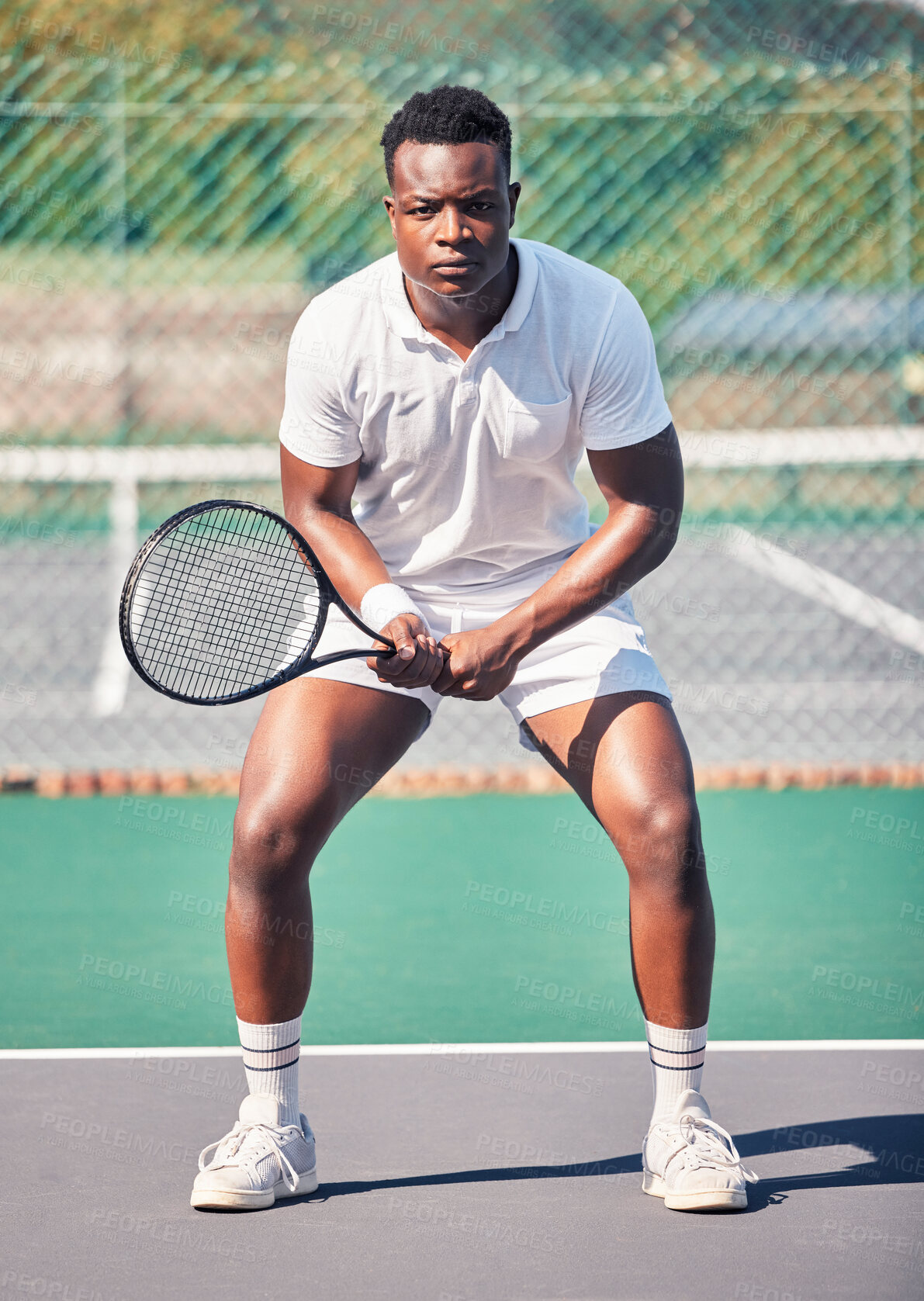 Buy stock photo Tennis, sports and black man in portrait for game, competition and training with focus, power and energy wellness. Strong, athlete and fitness african in tennis court for outdoor body exercise