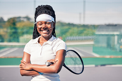 Buy stock photo Tennis, athlete and portrait of black woman on a court with a racket before training or match. Sports, fitness and happy African lady with smile standing on outdoor tennis court for game or workout.