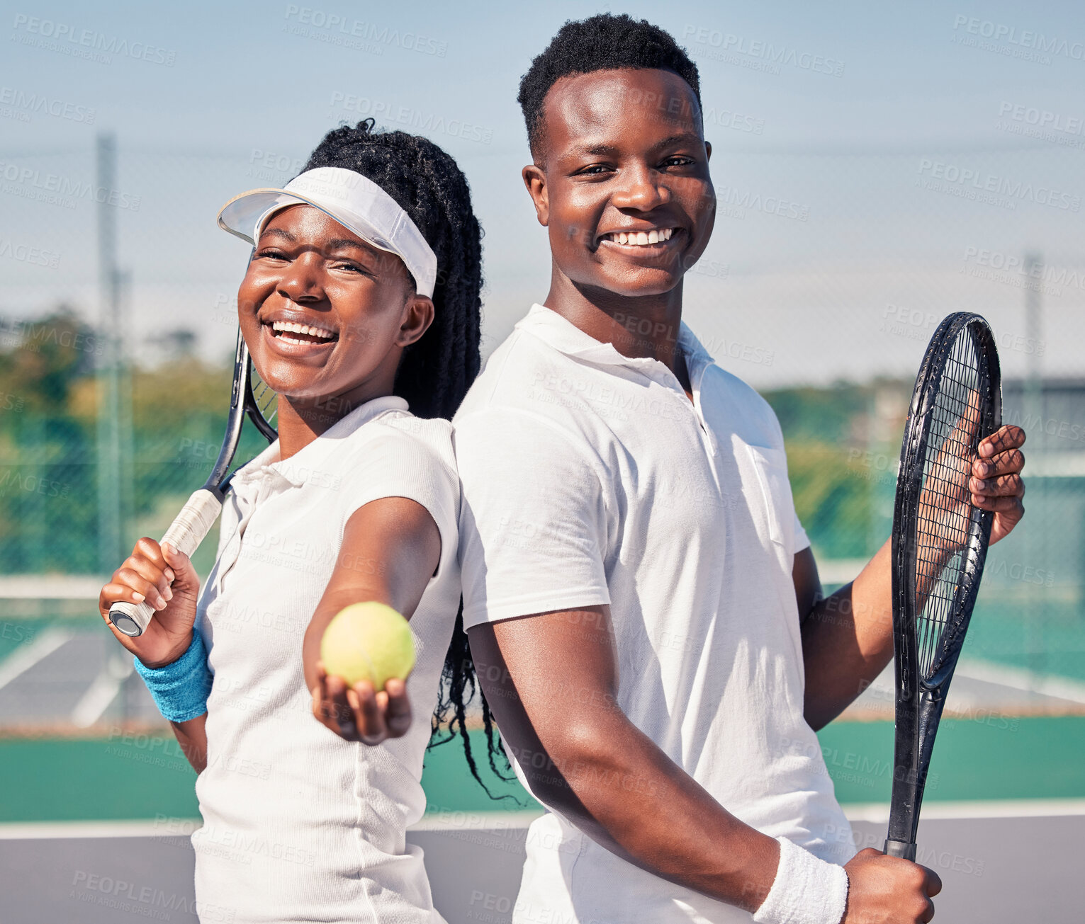 Buy stock photo Tennis, fitness and portrait of couple with smile standing on court in summer for friendly match. Sports exercise, happy friendship and teamwork, healthy black woman and young man at fun doubles game